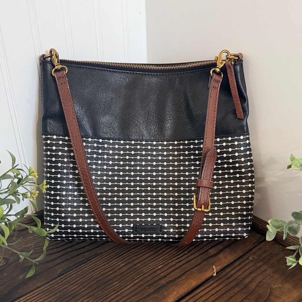 Fossil Fiona Black Dash Dot and Brown Leather Strap Women's Crossbody Bag